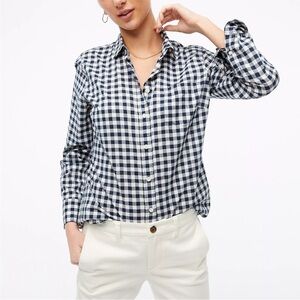 J. Crew Boy Fit Gingham Check‎ Shirt Petite XS Navy White Button Down